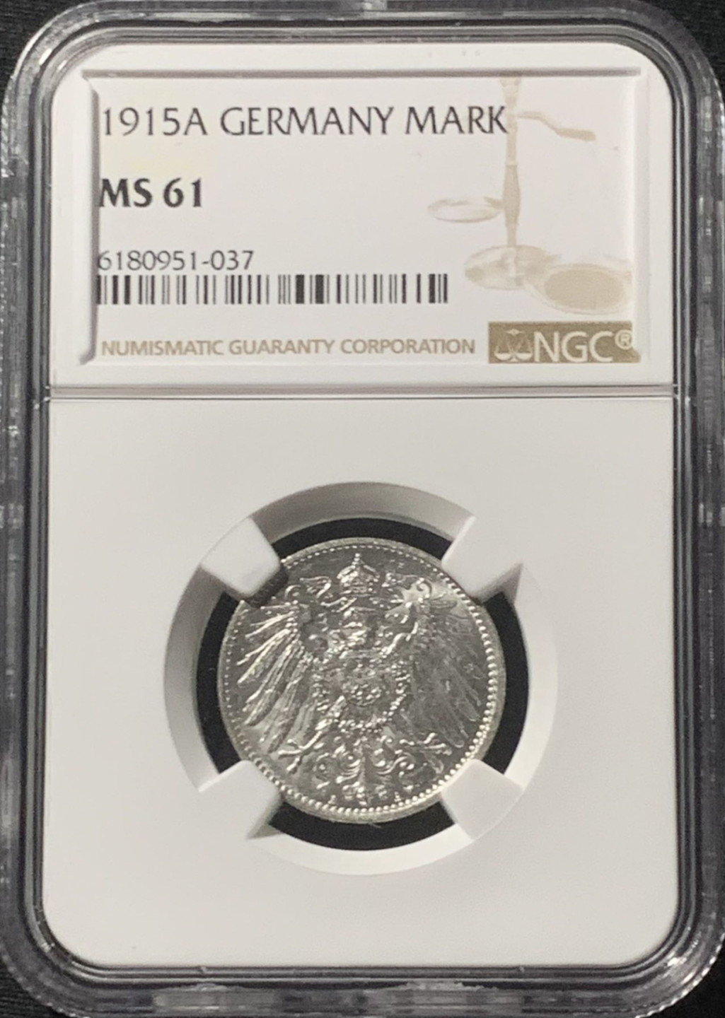 紫瑗钱币——第162期拍卖 德国 1915年 A版 第二帝国 长翅 1马克 银币 NGC MS61