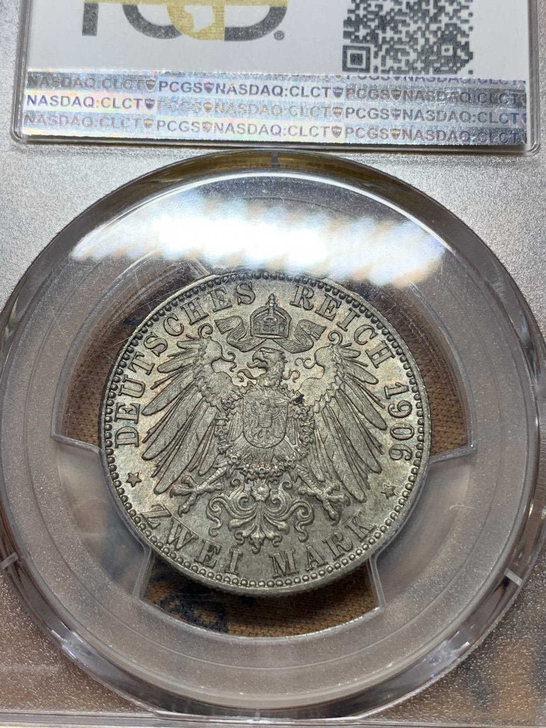 《竞宝斋》钱币微拍-第24场-本周日，周一2场连拍（全场顺丰包邮） PCGS-MS65 德国巴登 1906年 金婚 2马克 银币 淡彩老包浆 值得收藏