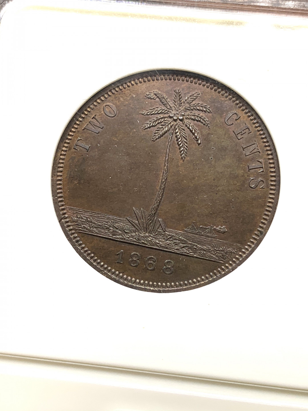 《竞宝斋》钱币微拍-第24场-本周日，周一2场连拍（全场顺丰包邮） NGC-PF64 1868年利比里亚2分 自由女神 样币  银座11月不含手续费440USD 亚军分