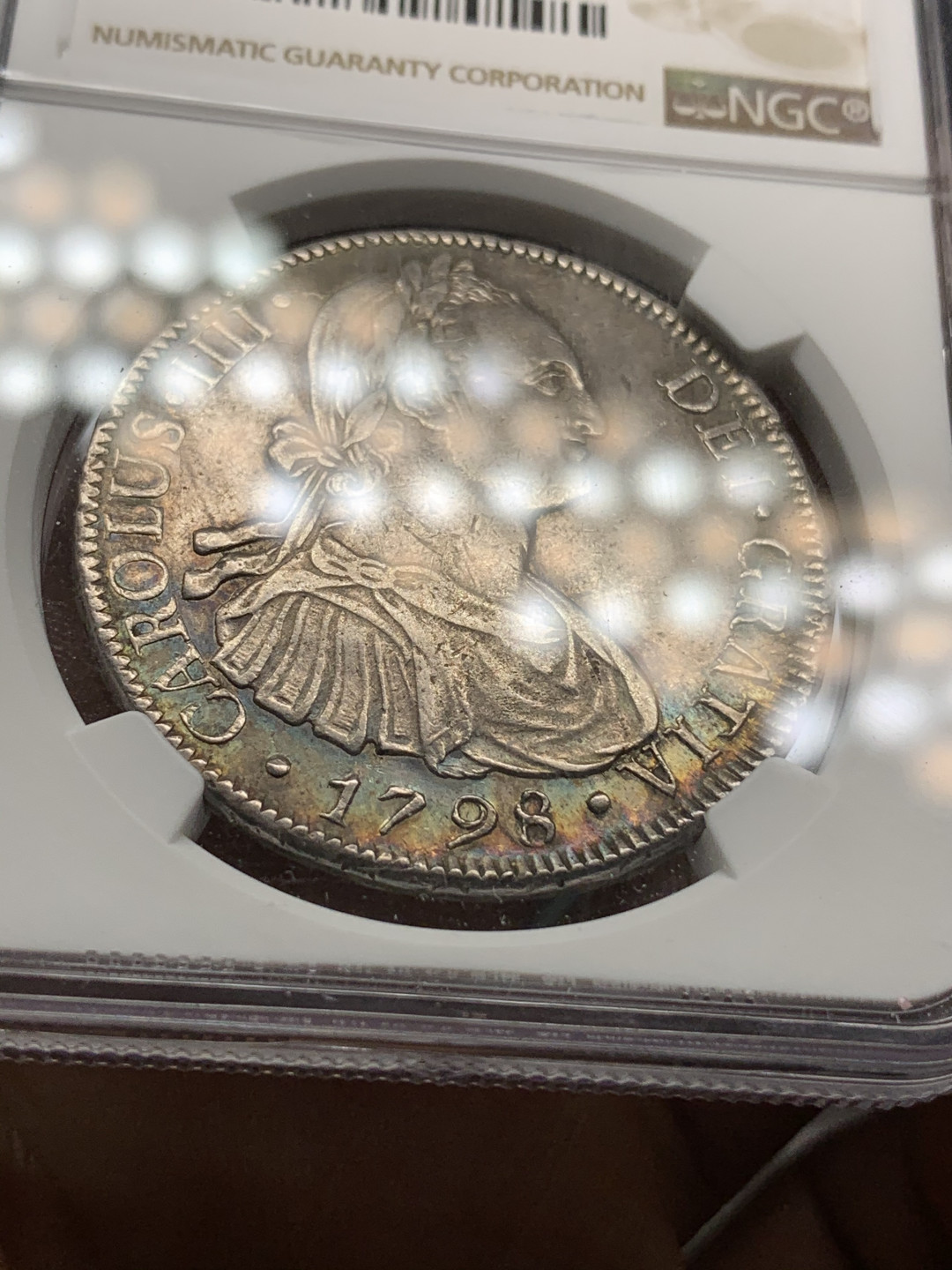 《竞宝斋》钱币微拍-第24场-本周日，周一2场连拍（全场顺丰包邮） NGC-XF45  1798  西属秘鲁利马 卡四  稀少厂  8里亚尔  原味五彩  是非难得 低评