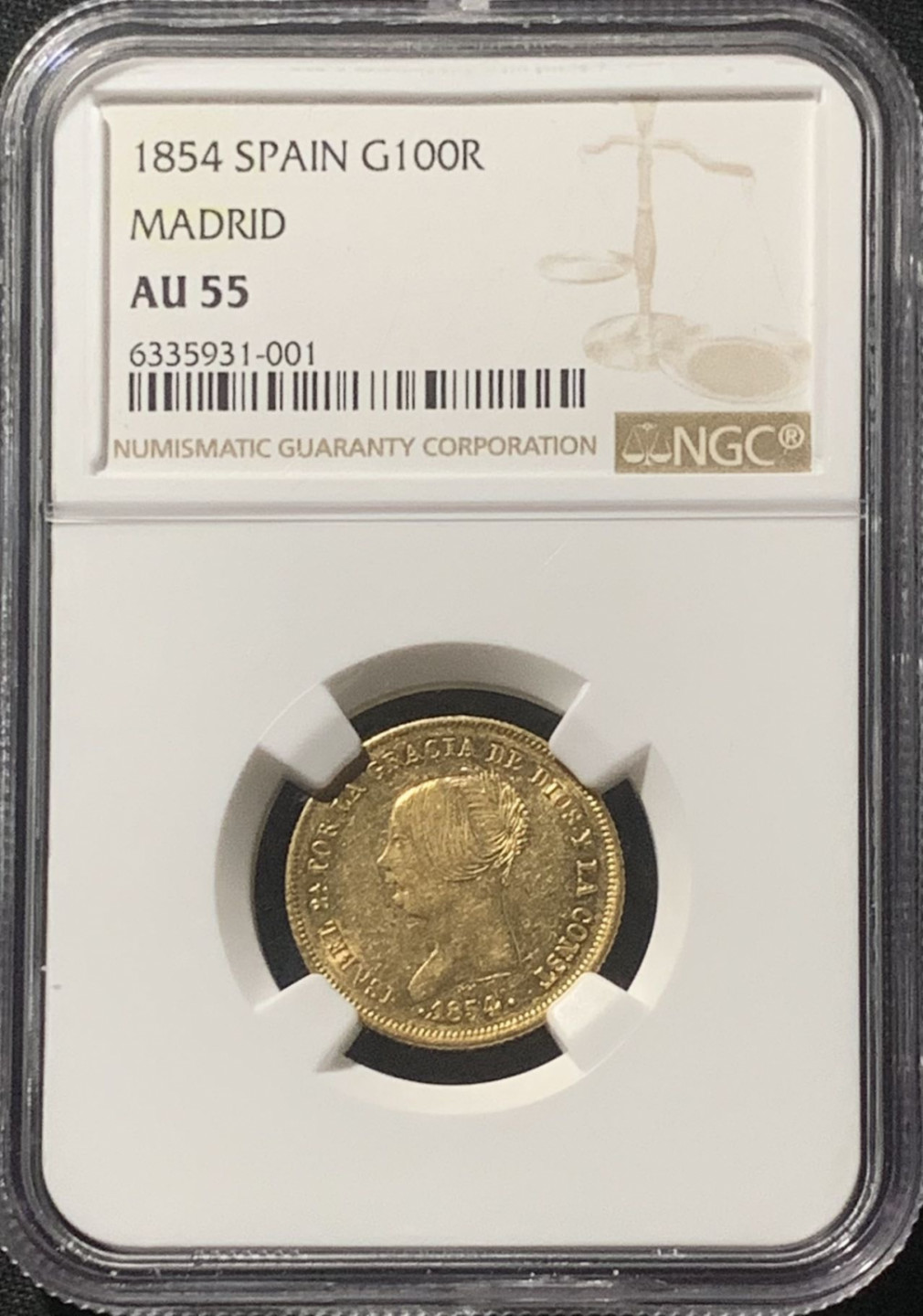 紫瑗钱币——第162期拍卖 西班牙 1854年 伊莎贝拉二世 马德里 100里亚尔 金币 NGC AU55