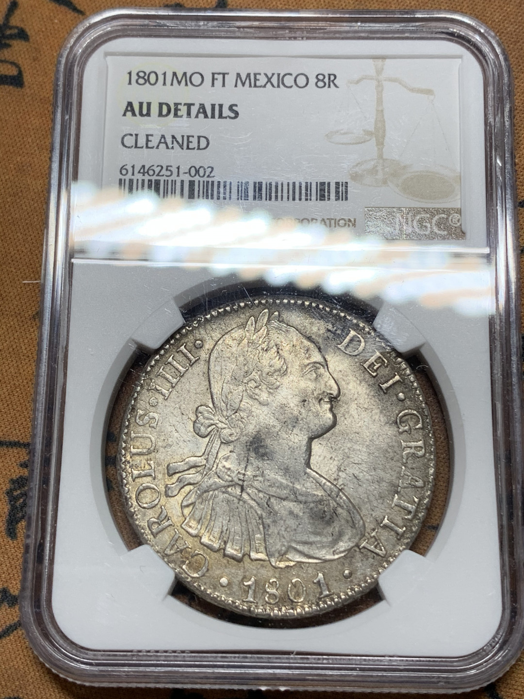 《竞宝斋》钱币微拍-第24场-本周日，周一2场连拍（全场顺丰包邮） NGC-AUD  1801  西属墨西哥 卡洛斯四世    8里亚尔  原味彩光  低评