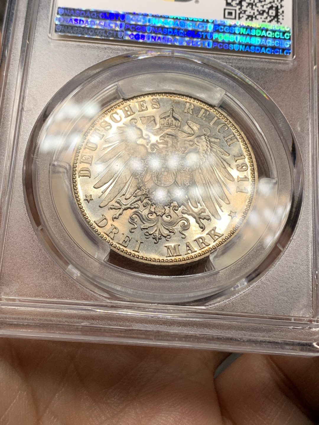 《竞宝斋》钱币微拍-第24场-本周日，周一2场连拍（全场顺丰包邮） PCGS-PF63 德国巴伐利亚 1911年 90大寿 3马克 PROOF精制银币 浓烈的金彩包浆