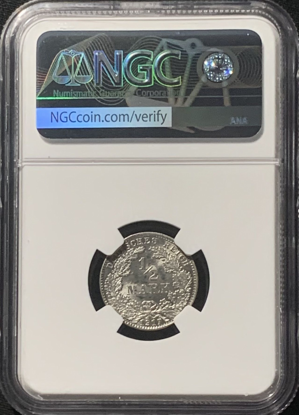紫瑗钱币——第162期拍卖 德国 1917年 D版 第二帝国 1/2马克 银币 NGC UNC Detail