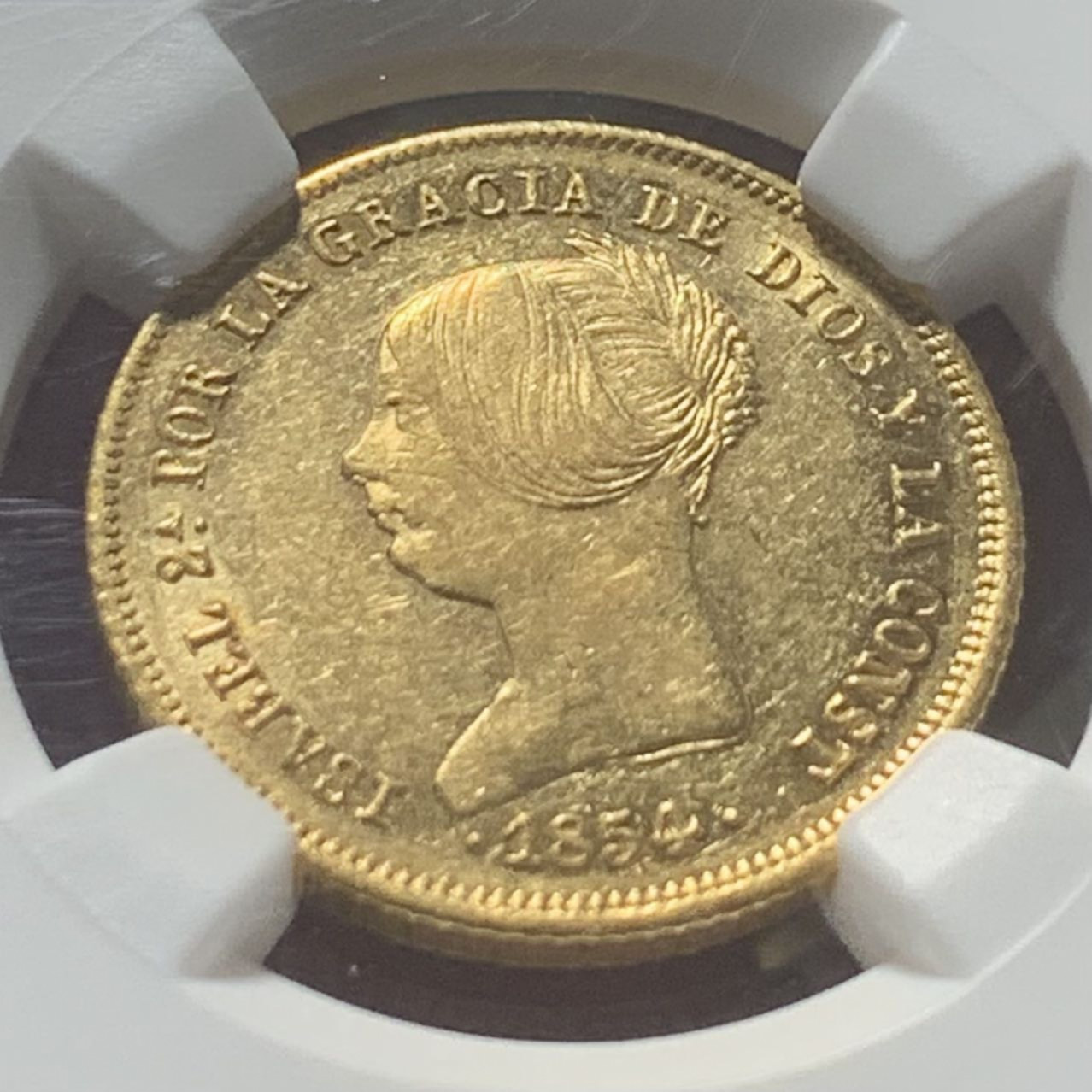 紫瑗钱币——第162期拍卖 西班牙 1854年 伊莎贝拉二世 马德里 100里亚尔 金币 NGC AU55