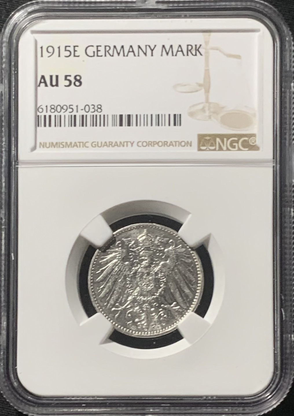 紫瑗钱币——第162期拍卖 德国 1915年 E版 第二帝国 长翅 1马克 银币 NGC AU58
