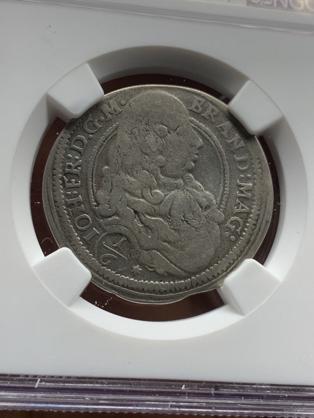 《竞宝斋》钱币微拍-第24场-本周日，周一2场连拍（全场顺丰包邮） NGC-VF 德国勃兰登堡 1677年 约翰佛朗茨 1/6泰勒 银币 非常稀少的品种