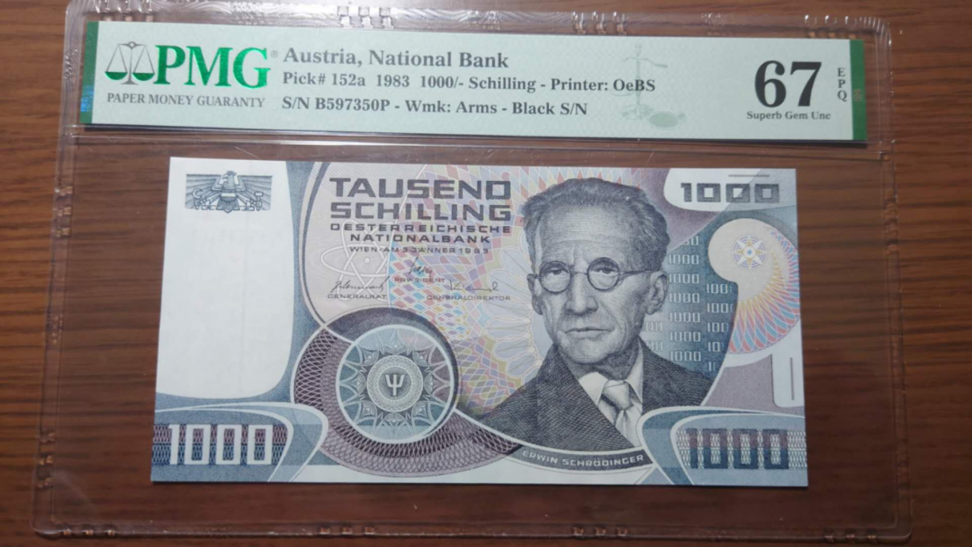 今晚八点半【囧羊收藏】精选微拍第43期暨2021年第三十四期 世界纸币精选 1983年奥地利1000先令 薛定谔 PMG67E 全程无4号码