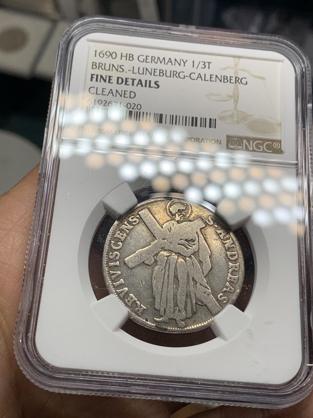 《竞宝斋》钱币微拍-第24场-本周日，周一2场连拍（全场顺丰包邮） NGC-FINE 德国布伦瑞克 1690 HB年 耶稣十字架 1/3泰勒 银币 稀少品种