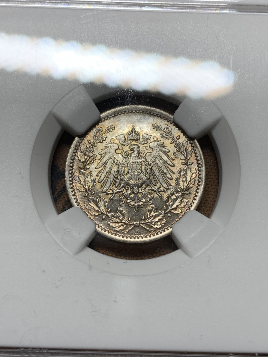 《竞宝斋》钱币微拍-第24场-本周日，周一2场连拍（全场顺丰包邮） NGC-MS63 德国 1917年A版 1/2马克 银币 淡金色包浆 细节完美