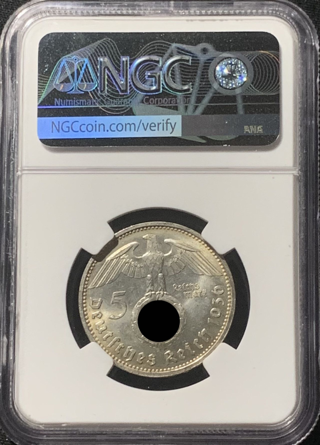 紫瑗钱币——第162期拍卖 德国 1936年 D版 兴登堡 字符版 5马克 银币 NGC MS63