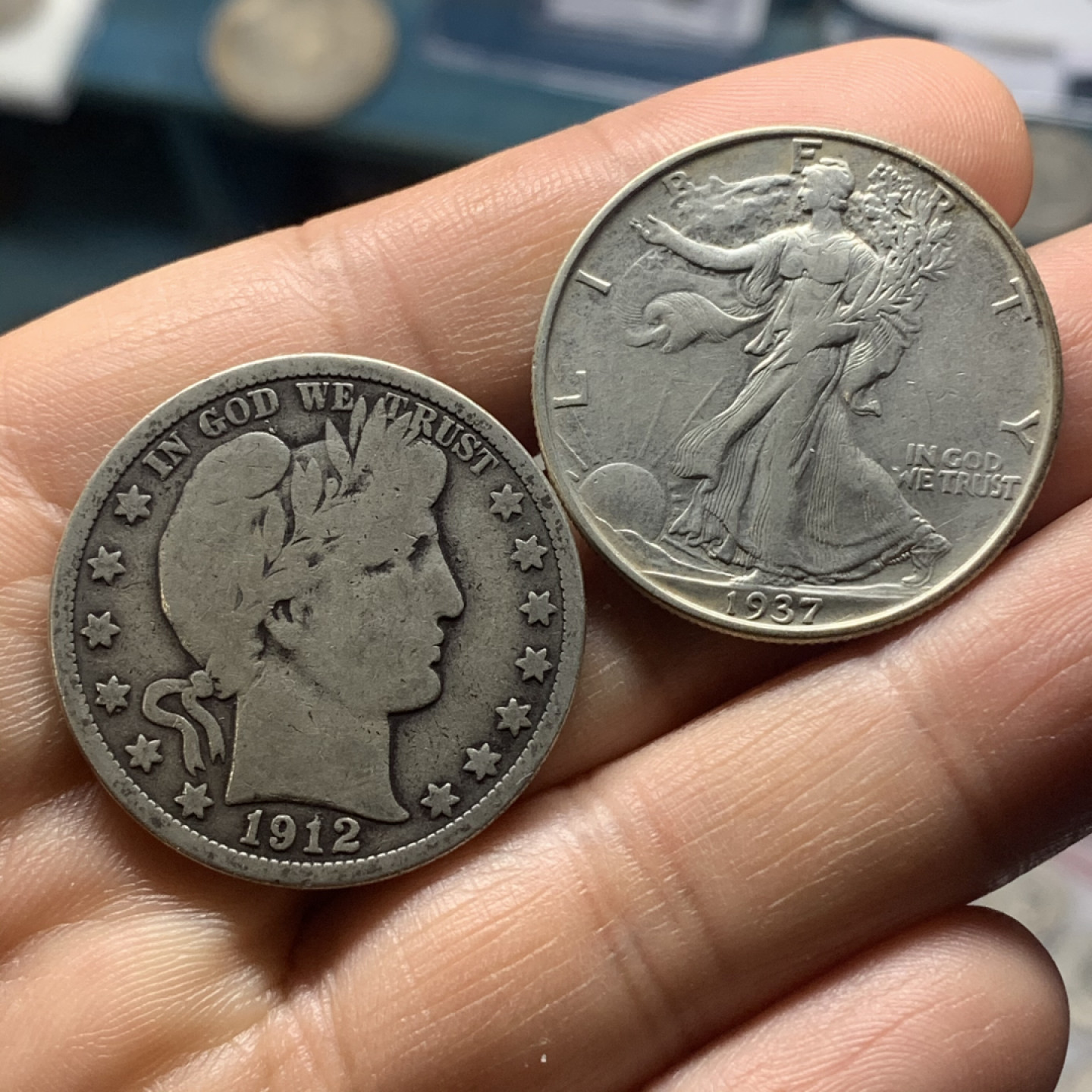 《竞宝斋》钱币微拍-第24场-本周日，周一2场连拍（全场顺丰包邮） 美国 早期半元银币一对 （1912年半美元+1937年行走半美元）