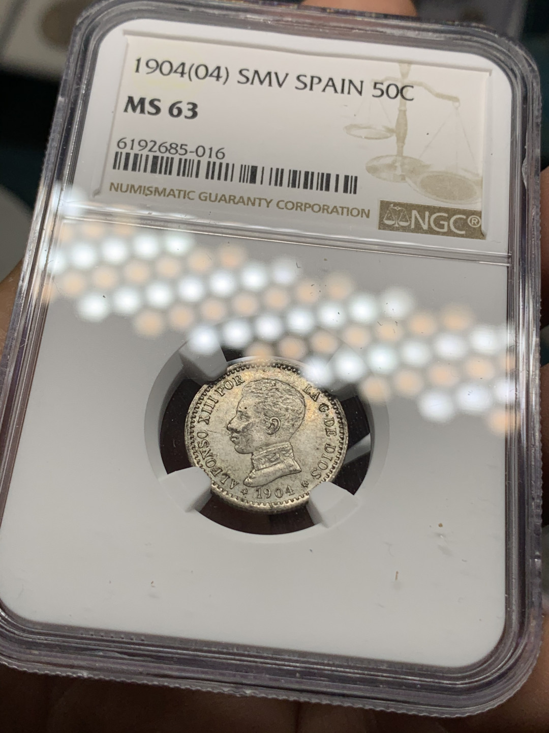 《竞宝斋》钱币微拍-第24场-本周日，周一2场连拍（全场顺丰包邮） NGC-MS63 西班牙 1904年 阿方索十三世 50分 银币