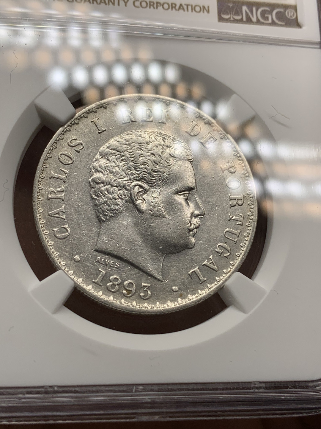 《竞宝斋》钱币微拍-第24场-本周日，周一2场连拍（全场顺丰包邮） NGC 评级 葡萄牙1893年 卡洛斯一世 500瑞斯 银币 半元型 发丝清晰 正面光度十足背面原味包浆