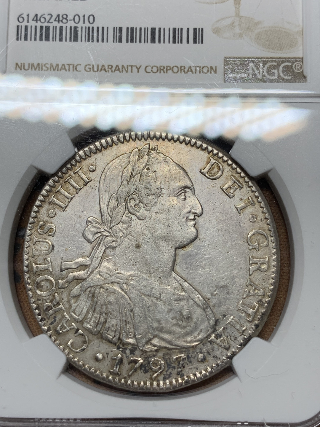 《竞宝斋》钱币微拍-第24场-本周日，周一2场连拍（全场顺丰包邮） NGC-AUD 墨西哥 1797年 8 里亚尔  人像双柱卡洛斯四世  银币      原味