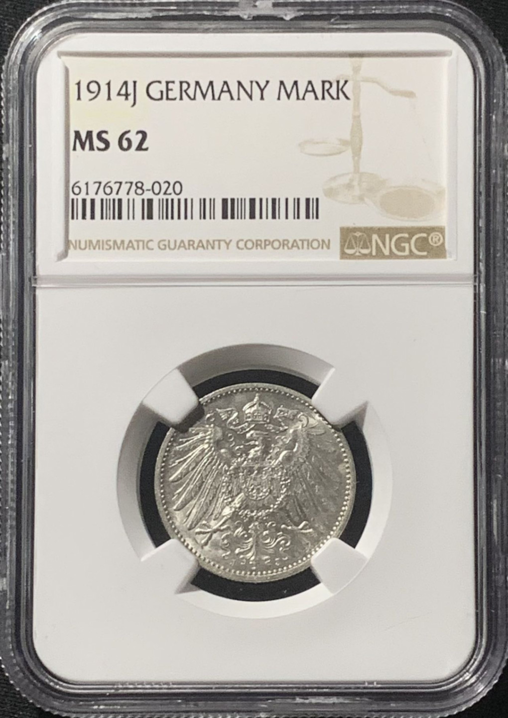 紫瑗钱币——第162期拍卖 德国 1914年 J版 第二帝国 长翅 1马克 银币 NGC MS62