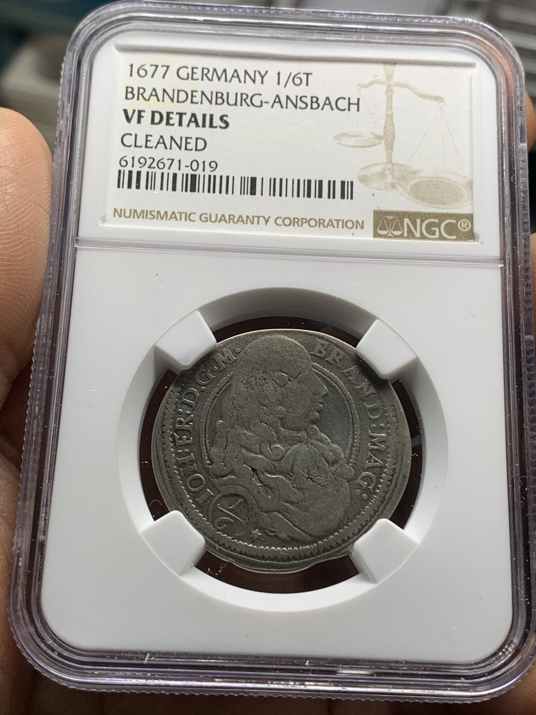 《竞宝斋》钱币微拍-第24场-本周日，周一2场连拍（全场顺丰包邮） NGC-VF 德国勃兰登堡 1677年 约翰佛朗茨 1/6泰勒 银币 非常稀少的品种