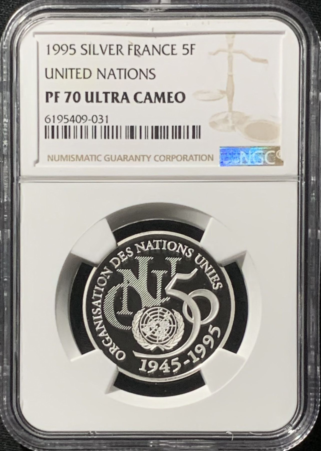 紫瑗钱币——第162期拍卖 法国 1995年 联合国成立50周年 5法郎 银币 NGC PR70 UC 满分稀少