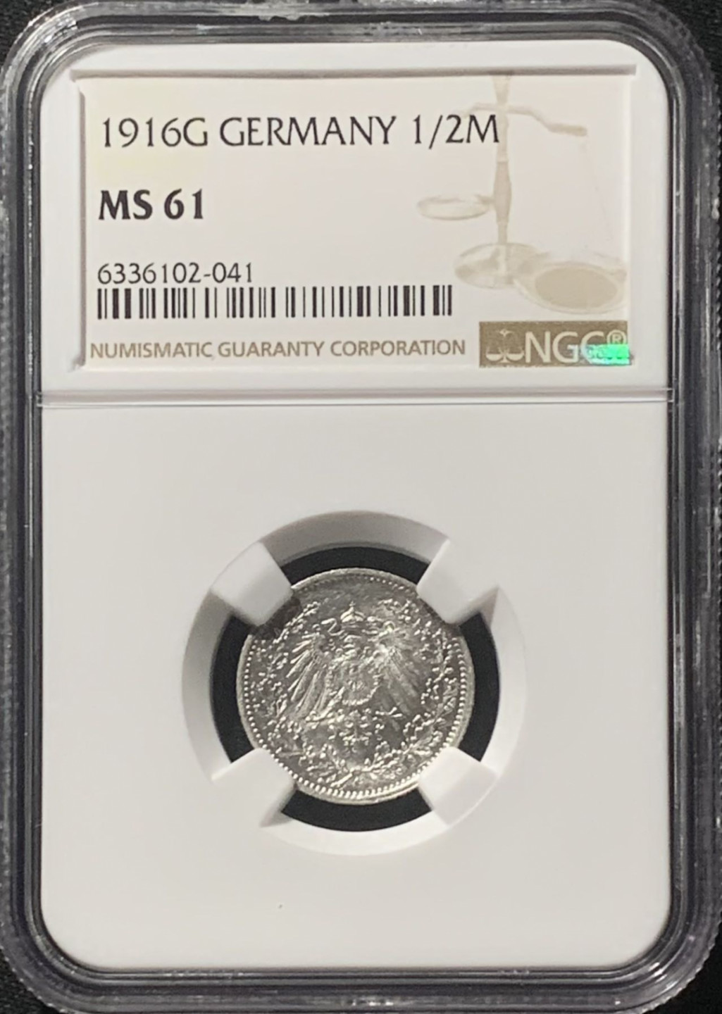 紫瑗钱币——第162期拍卖 德国 1916年 G版 第二帝国 1/2马克 银币 NGC MS61