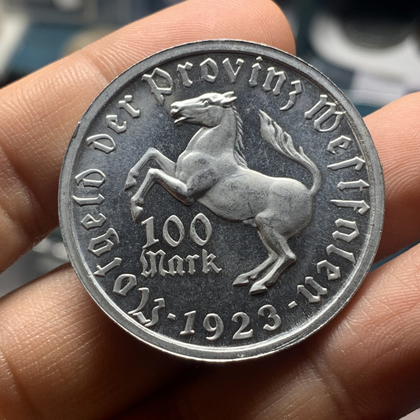 《竞宝斋》钱币微拍-第24场-本周日，周一2场连拍（全场顺丰包邮） 德国魏玛共和国 1923年 100马克 女人像 铝币 MS级别