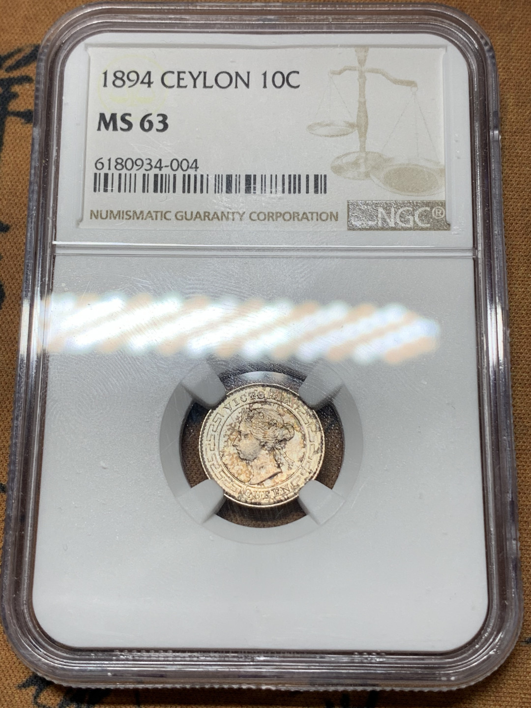 《竞宝斋》钱币微拍-第25场-本周日，周一2场连拍（全场顺丰包邮） NGC-MS63  1894年英属锡兰10分银币