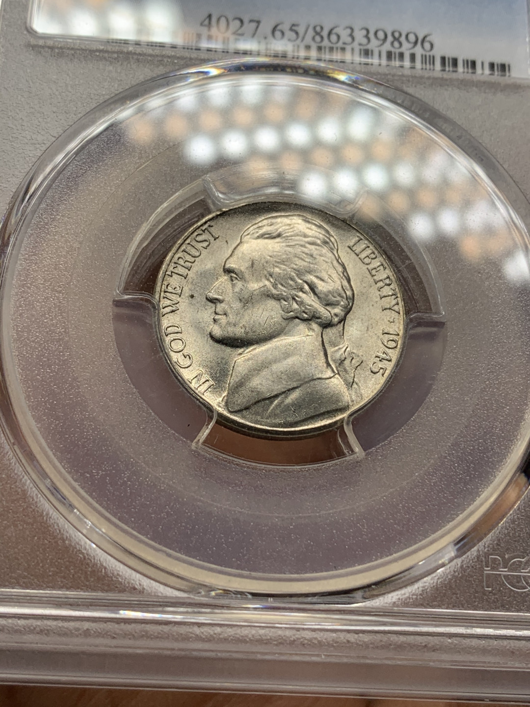 《竞宝斋》钱币微拍-第25场-本周日，周一2场连拍（全场顺丰包邮） PCGS-MS65 美国 1945年 杰弗逊战时五美分 （1942-1945低银版）