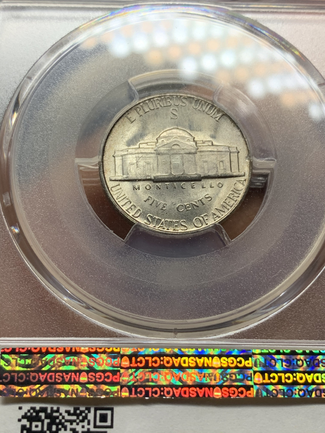 《竞宝斋》钱币微拍-第25场-本周日，周一2场连拍（全场顺丰包邮） PCGS-MS65 美国 1945年 杰弗逊战时五美分 （1942-1945低银版）