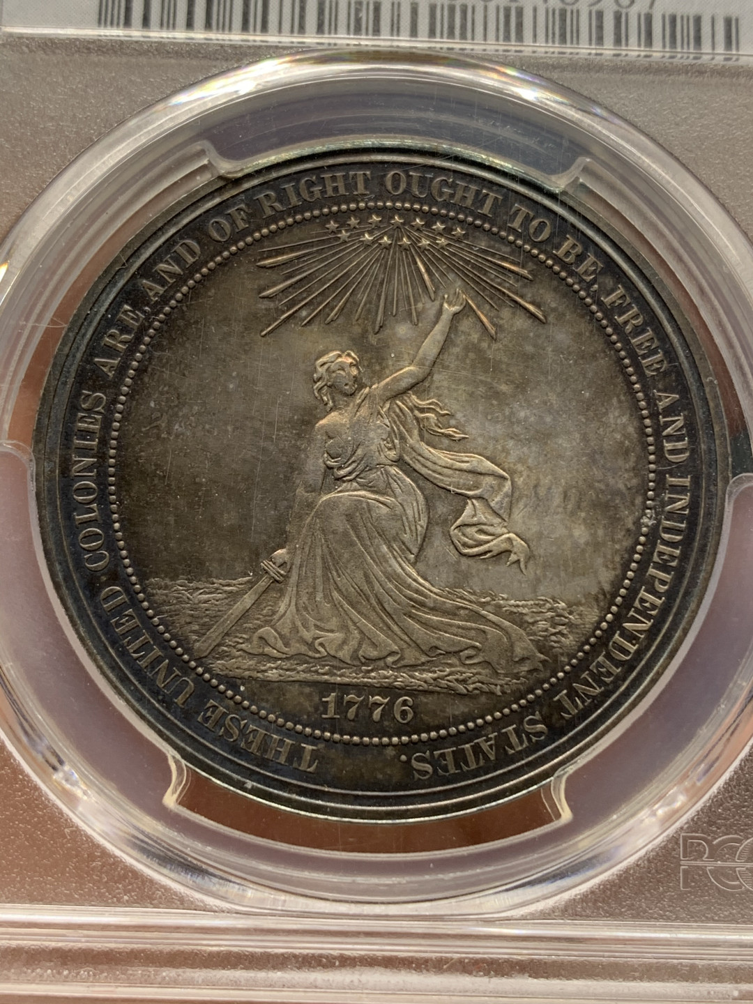 《竞宝斋》钱币微拍-第25场-本周日，周一2场连拍（全场顺丰包邮） PCGS -MS63 1876年 美国百年博览会纪念银章 标注为 SC$1  国会官方纪念章 双面深彩包浆 难得状态