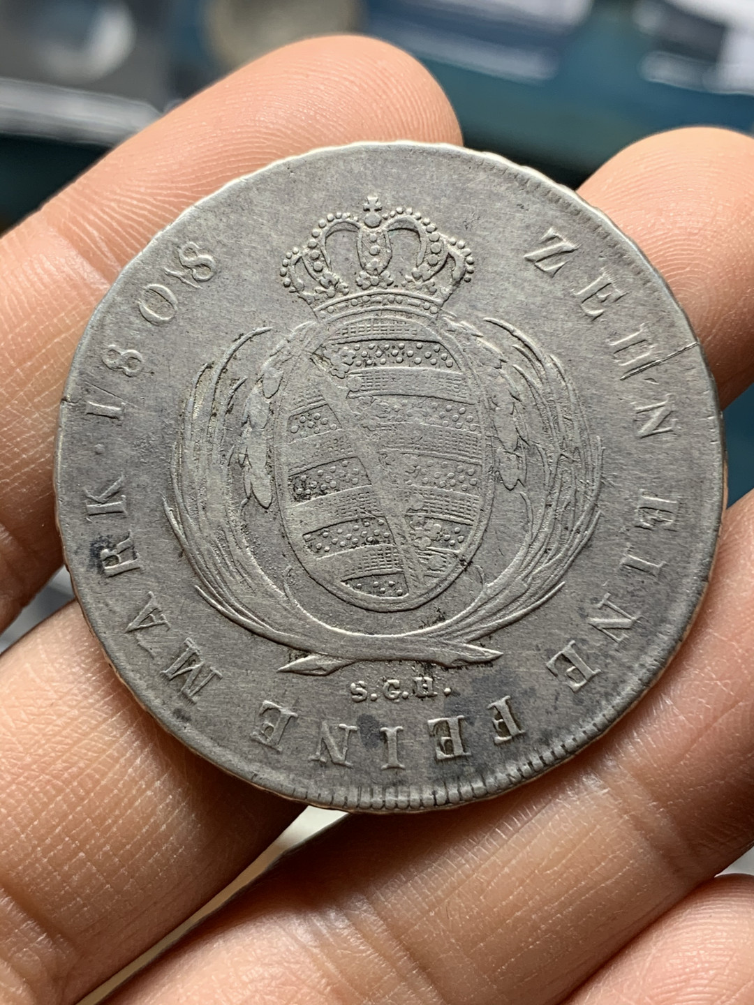 《竞宝斋》钱币微拍-第25场-本周日，周一2场连拍（全场顺丰包邮） 德国 1808年 萨克森 奥古斯都 泰勒 大银币 27.7克，40.5mm