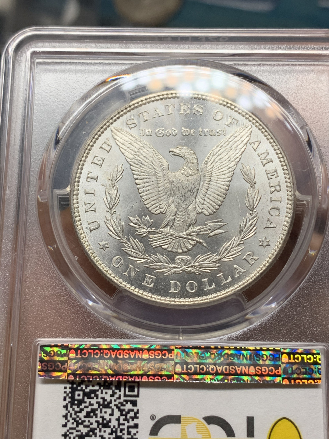 《竞宝斋》钱币微拍-第25场-本周日，周一2场连拍（全场顺丰包邮） PCGS-MS64 美国 1885年 摩根银币 正面黄金彩