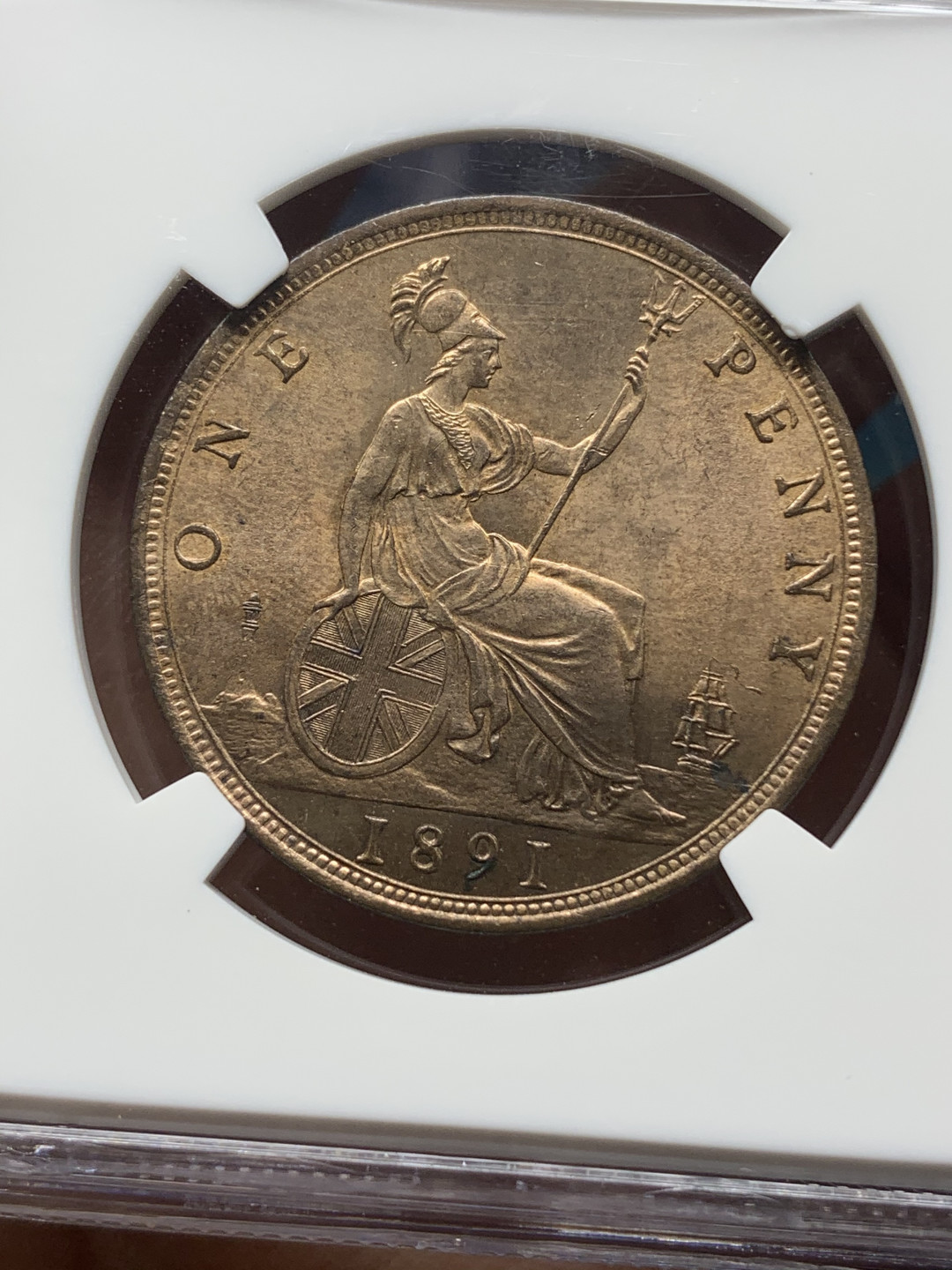 《竞宝斋》钱币微拍-第25场-本周日，周一2场连拍（全场顺丰包邮） NGC MS64RB 英国1891年维多利亚1便士 NGC编号：3879451-014