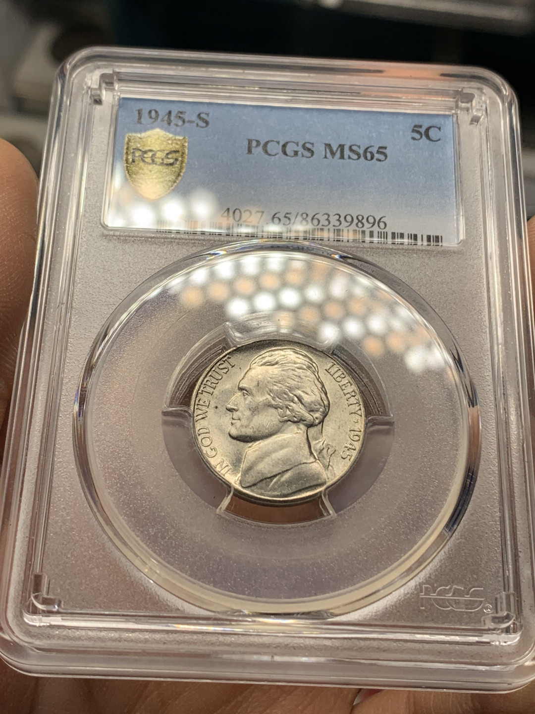 《竞宝斋》钱币微拍-第25场-本周日，周一2场连拍（全场顺丰包邮） PCGS-MS65 美国 1945年 杰弗逊战时五美分 （1942-1945低银版）