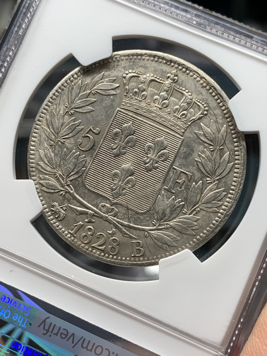 《竞宝斋》钱币微拍-第25场-本周日，周一2场连拍（全场顺丰包邮） 1828年法国查理十世5法郎，ngc评级aud