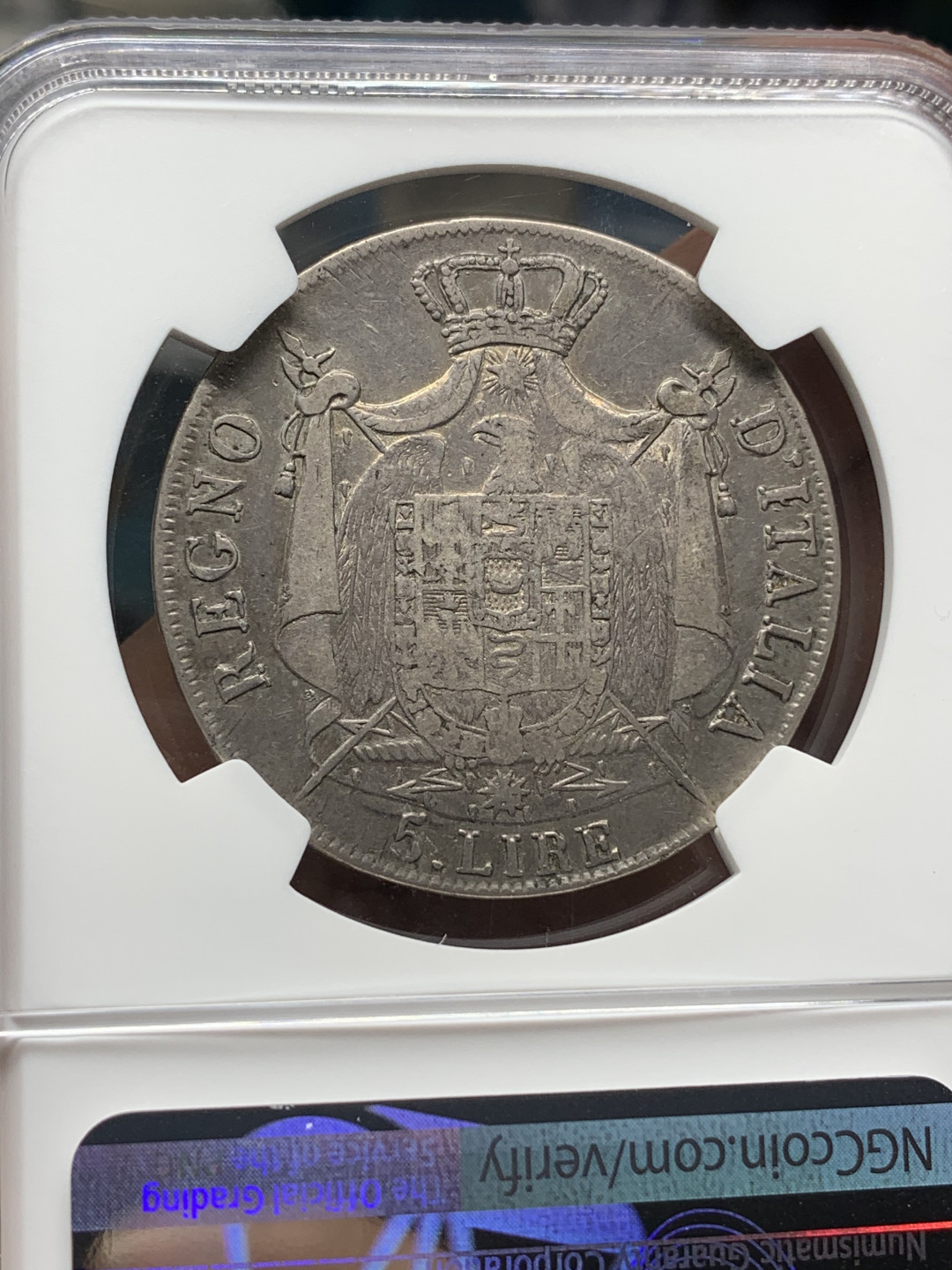 《竞宝斋》钱币微拍-第25场-本周日，周一2场连拍（全场顺丰包邮） NGC VF20 1809年 法占意大利 拿一 M厂 5里拉 大银币 少见品种