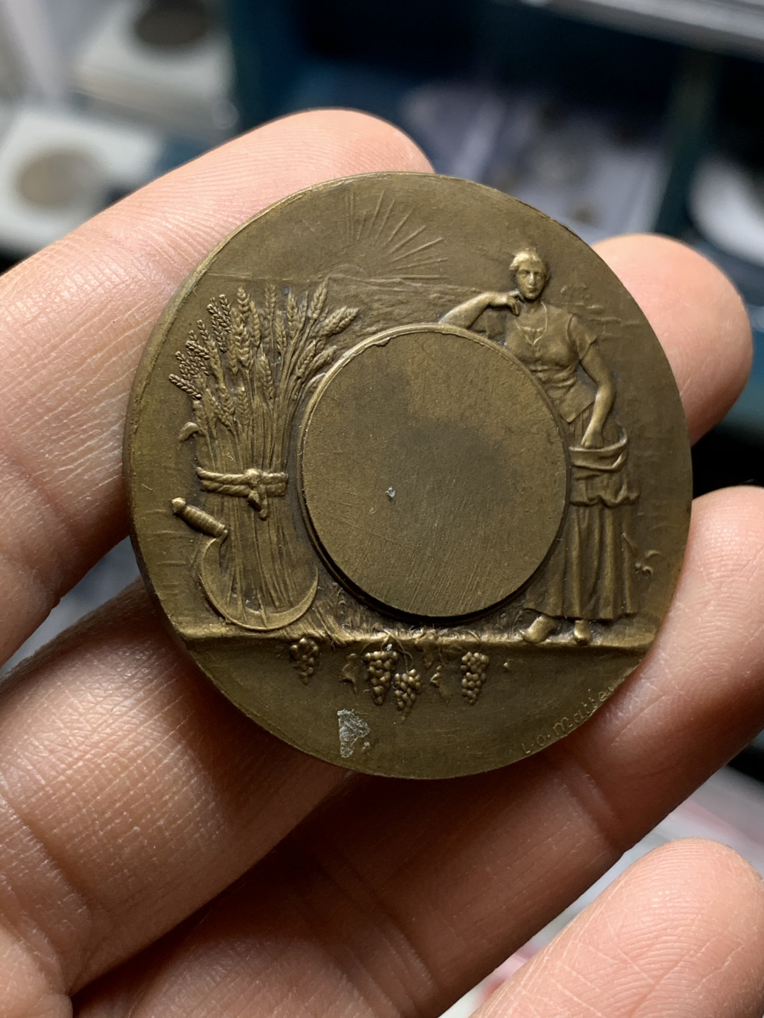 《竞宝斋》钱币微拍-第25场-本周日，周一2场连拍（全场顺丰包邮） 法国农业铜章  直径：41mm 边铭：丰饶角+铜标  Mattey作品