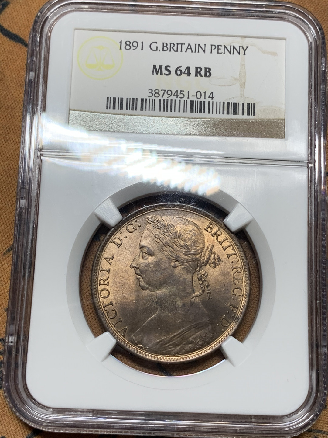 《竞宝斋》钱币微拍-第25场-本周日，周一2场连拍（全场顺丰包邮） NGC MS64RB 英国1891年维多利亚1便士 NGC编号：3879451-014