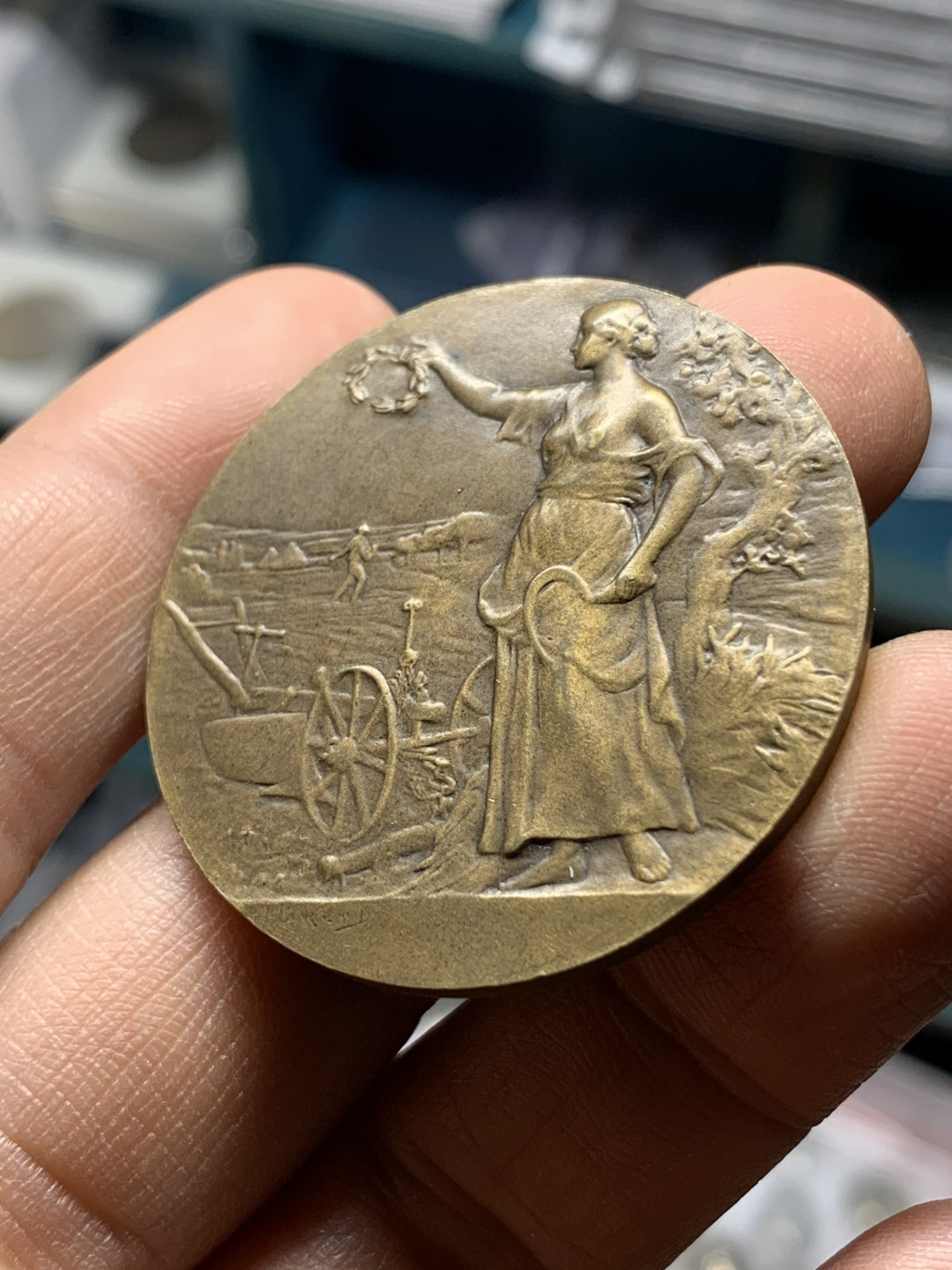 《竞宝斋》钱币微拍-第25场-本周日，周一2场连拍（全场顺丰包邮） 法国农业铜章  直径：41mm 边铭：丰饶角+铜标  Mattey作品