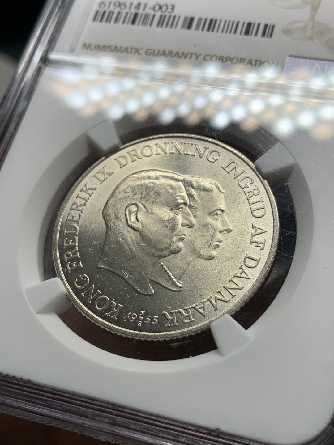 《竞宝斋》钱币微拍-第25场-本周日，周一2场连拍（全场顺丰包邮） NGC-MS63  1955年丹麦地图2K银币