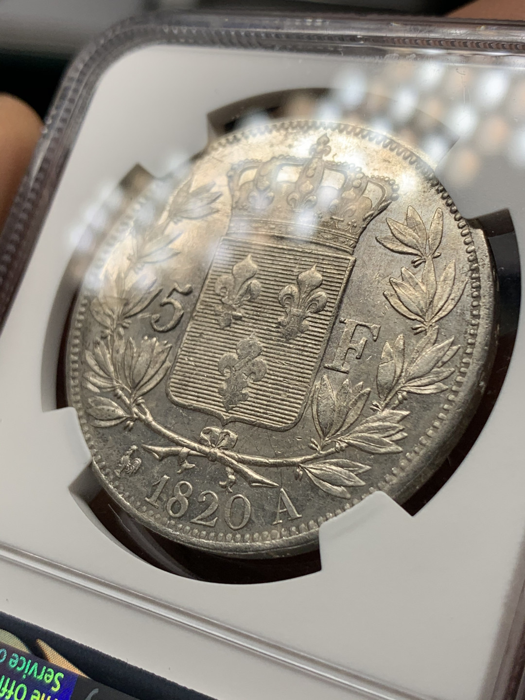 《竞宝斋》钱币微拍-第25场-本周日，周一2场连拍（全场顺丰包邮） 1820年法国路易十八5法郎，ngc评级au55