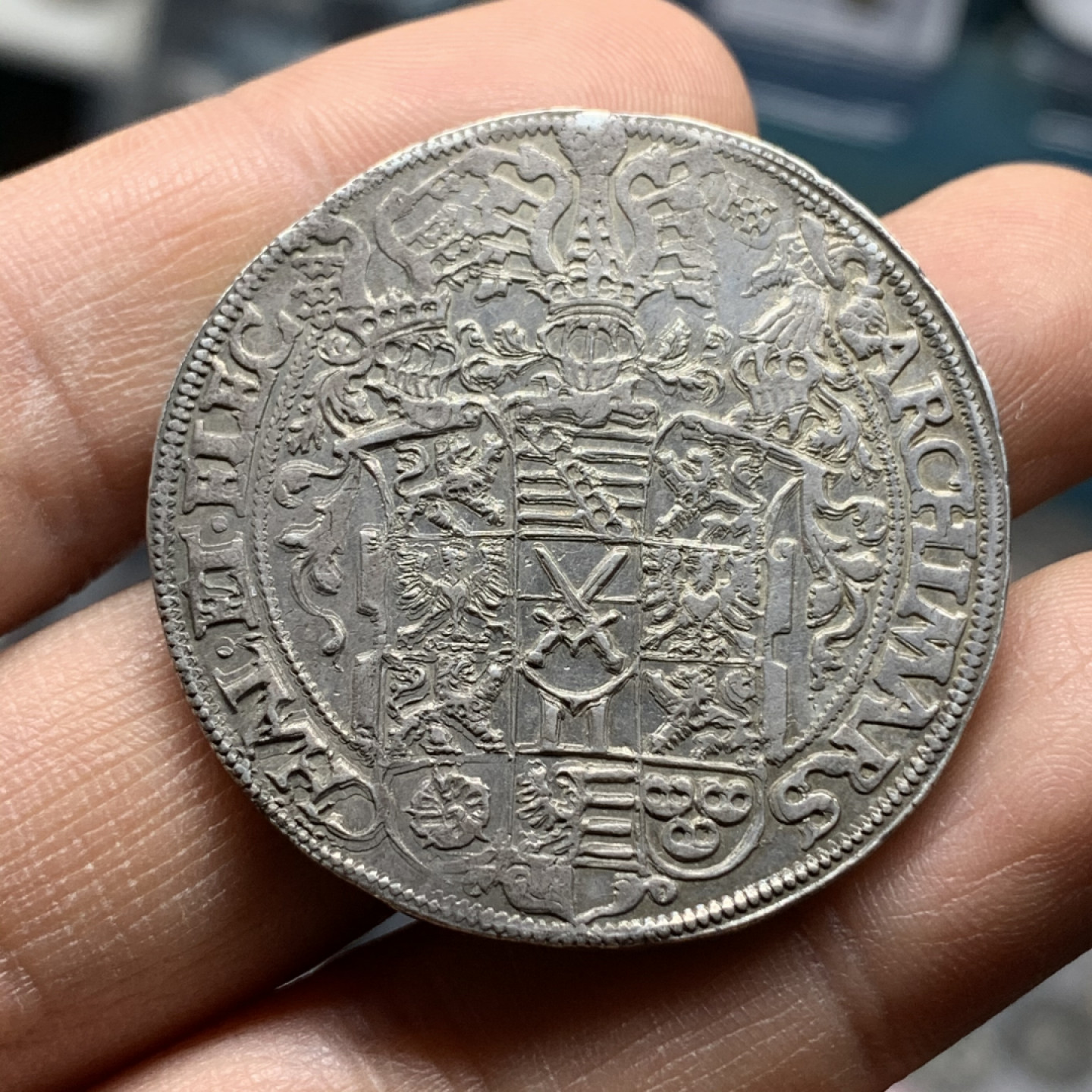 《竞宝斋》钱币微拍-第25场-本周日，周一2场连拍（全场顺丰包邮） 稀少德国 16世纪萨克森 1573年 阿尔伯特 泰勒 大银币 老包浆 人物细节清晰 深打明显 估计AU55的品