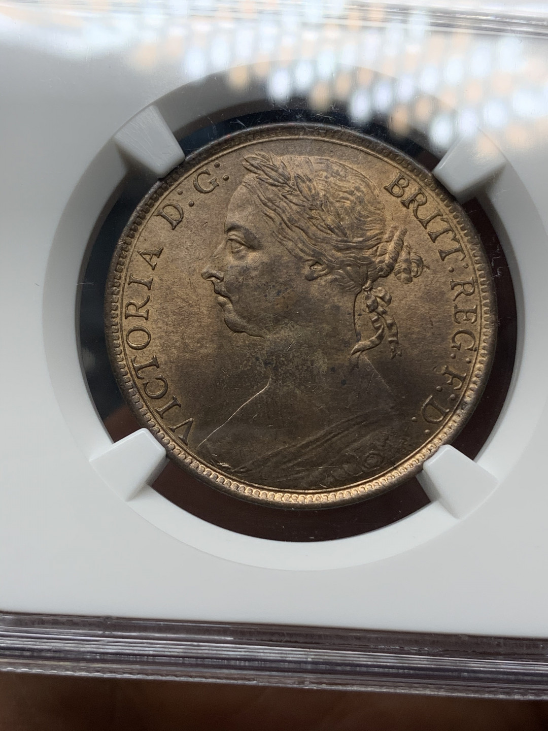 《竞宝斋》钱币微拍-第25场-本周日，周一2场连拍（全场顺丰包邮） NGC MS64RB 英国1891年维多利亚1便士 NGC编号：3879451-014