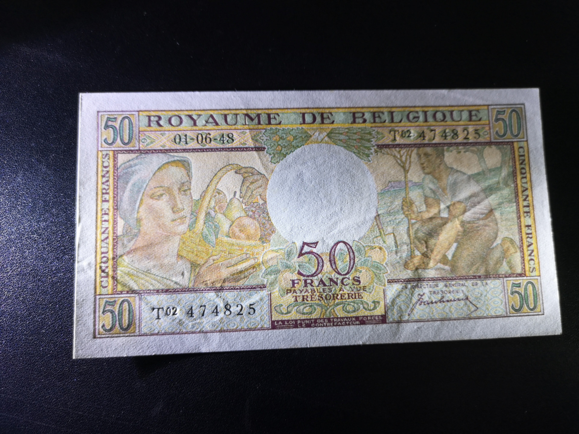 👍2022新年第一拍《外钞收藏家》第一百五十九期拍卖（本期59件） 1948年比利时50法郎 近全新 测光如图