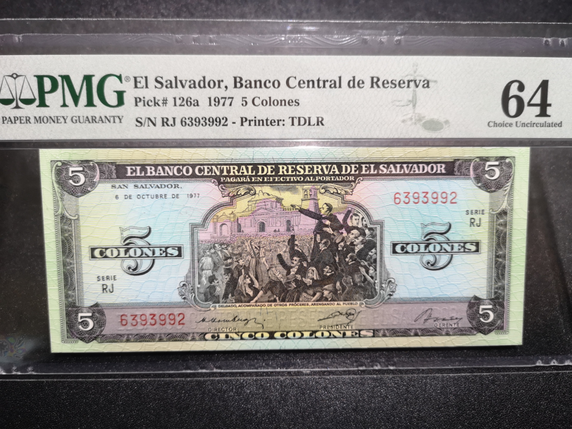 👍2022新年第一拍《外钞收藏家》第一百五十九期拍卖（本期59件） 1977年萨尔瓦多5克朗 PMG64 无47