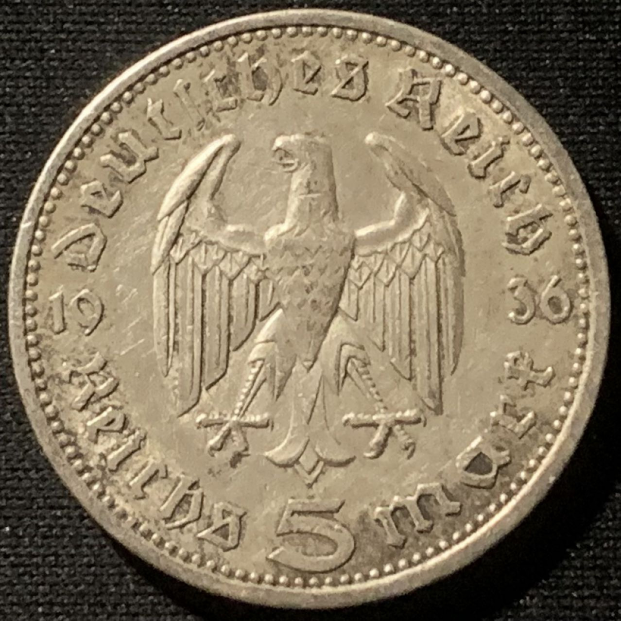 紫瑗钱币——第163期 德国 1936年 A版 兴登堡 5马克 13.9克 0.9银