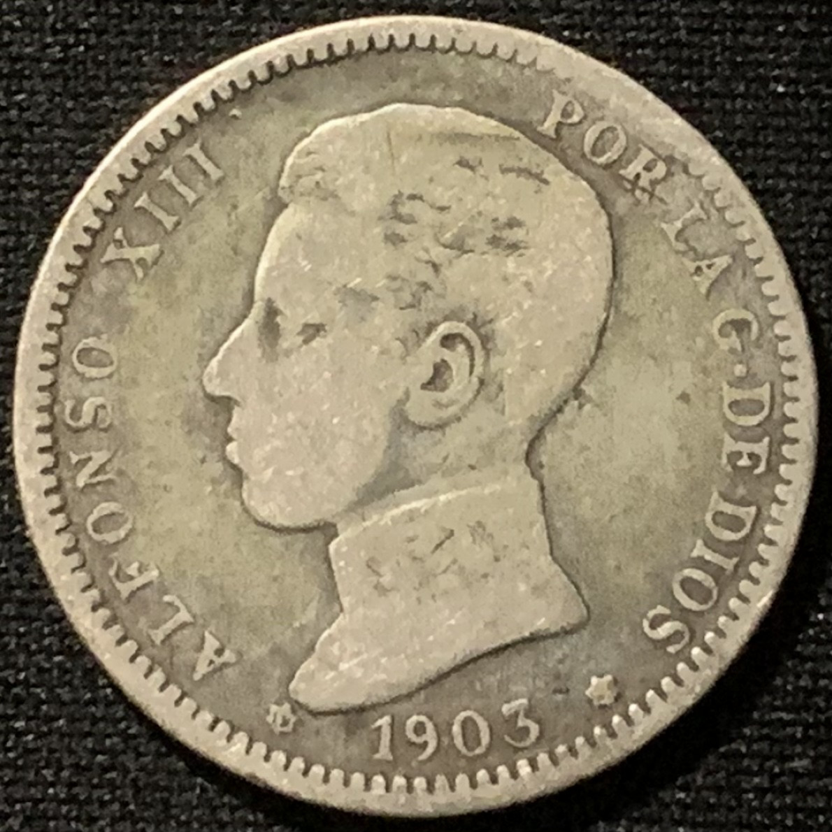紫瑗钱币——第163期 西班牙 1903年 阿方索十三世 少年头 1比塞塔 5克 0.835银