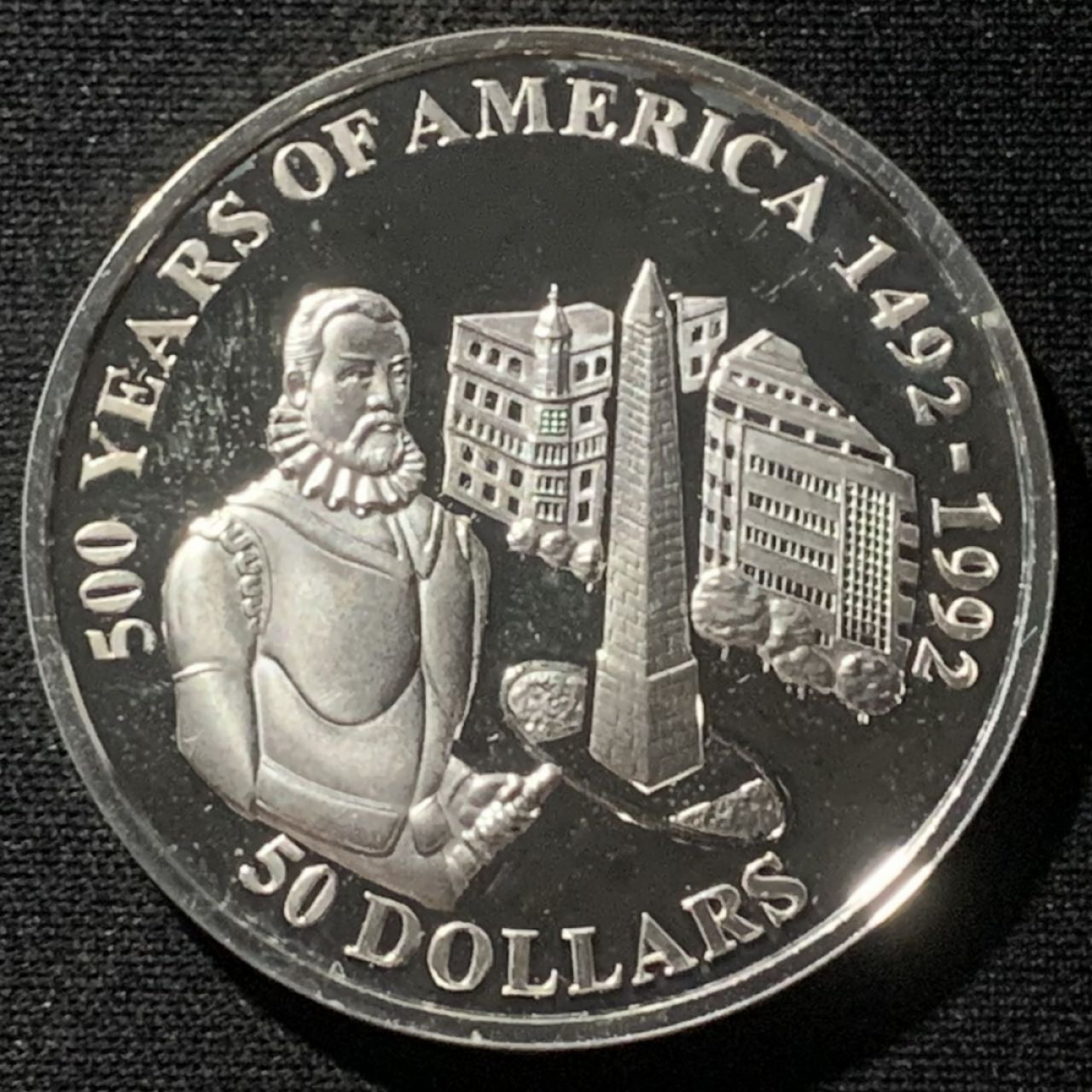 紫瑗钱币——第163期 库克群岛 1992年 发现美洲500周年 佩德罗·德门多萨 50元 31.35克 0.925银 精制