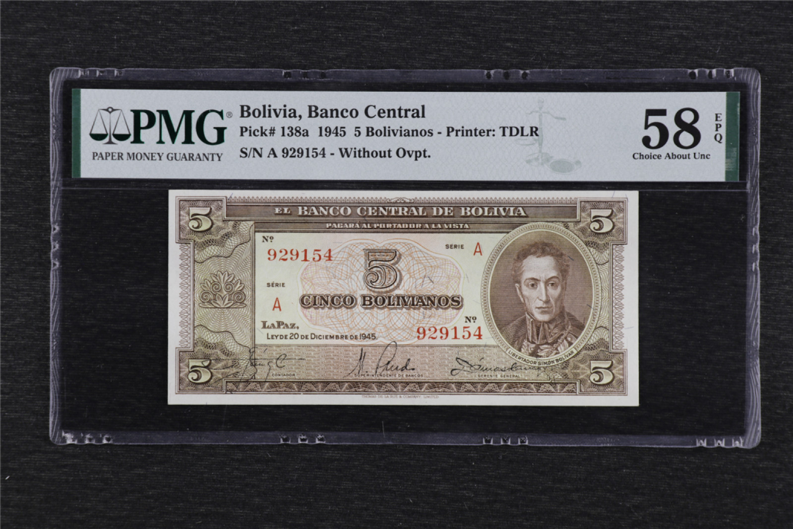 亘邦集藏 第98期 1945年 玻利维亚5玻利维亚诺 PMG 58EPQ  929154