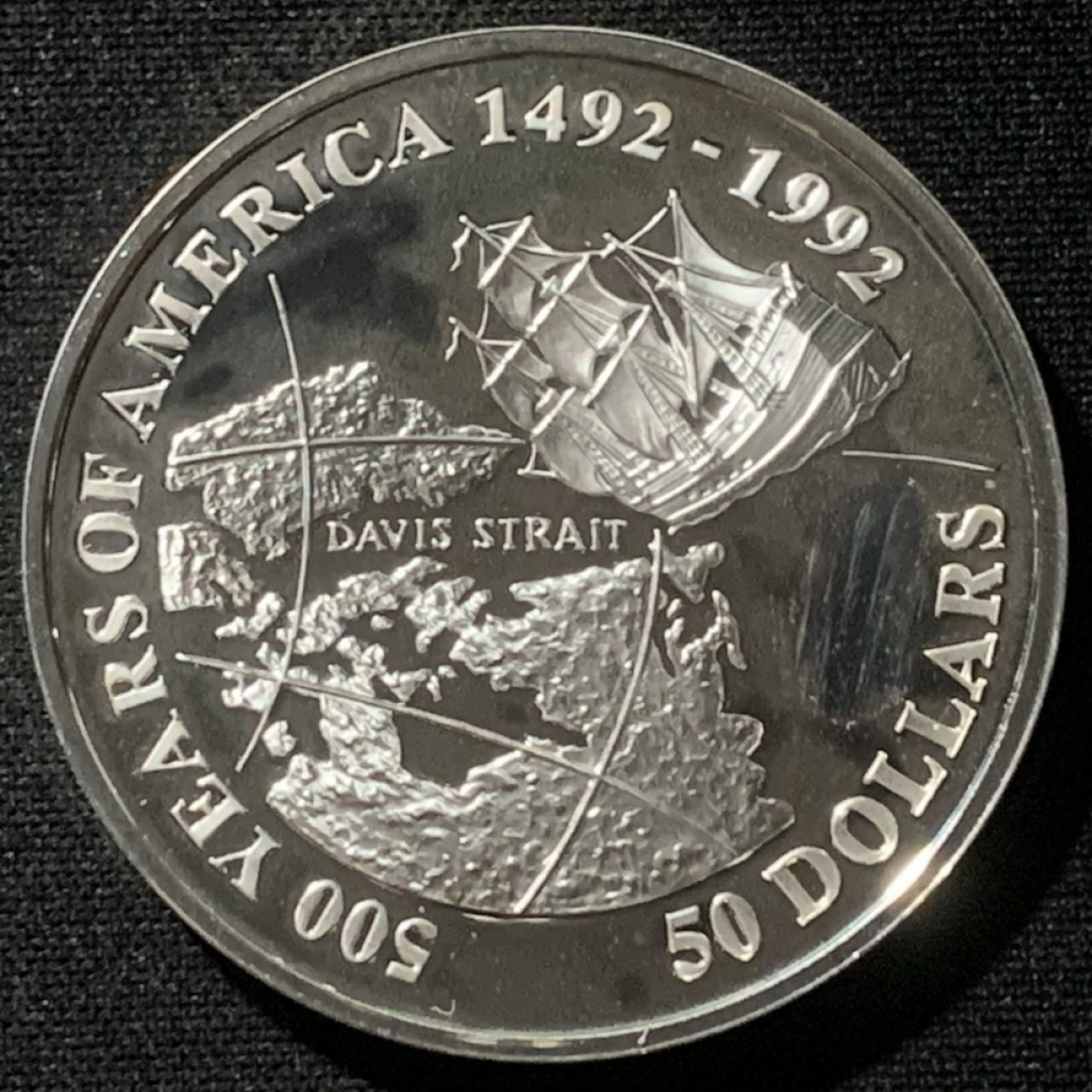 紫瑗钱币——第163期 库克群岛 1992年 发现美洲500周年 约翰·戴维斯 50元 31.35克 0.925银 精制