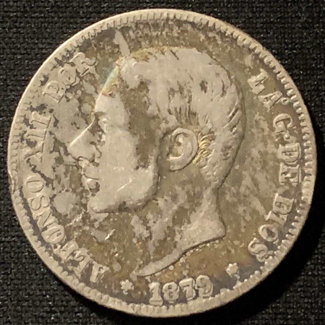 紫瑗钱币——第163期 西班牙 1879年 阿方索十二世 2比塞塔 10克 0.835银