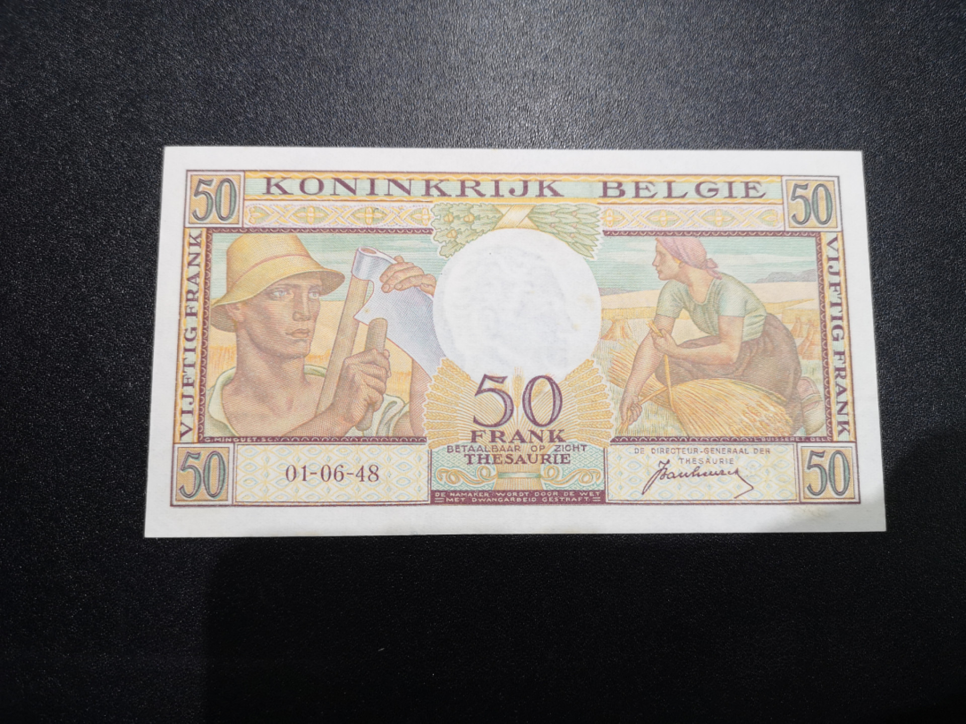 👍2022新年第一拍《外钞收藏家》第一百五十九期拍卖（本期59件） 1948年比利时50法郎 近全新 测光如图